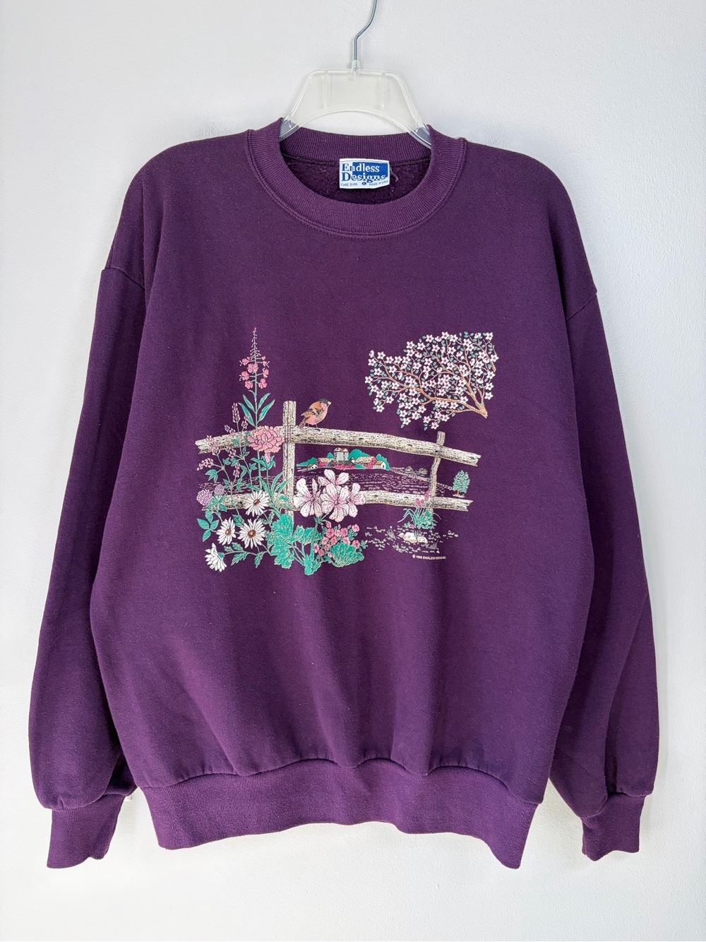 Vintage 1996 Endless Designs Plum Floral Bird Yard Scene Crewneck Sweatshirt